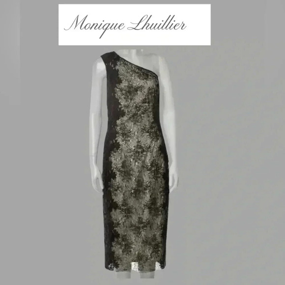 MONIQUE LHUILLIER Chantilli Lace one shoulder cocktail dress  black over nude - Picture 1 of 6